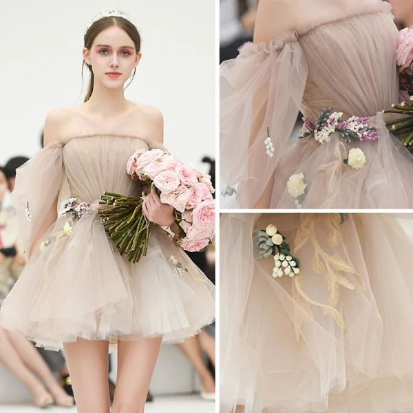 Mode Champagner Sommer Partykleider 2019 A Linie Off Shoulder Geschwollenes 1/2 Ärmel Applikationen Blumen Stoffgürtel Kurze Rüschen Rückenfreies Festliche Kleider