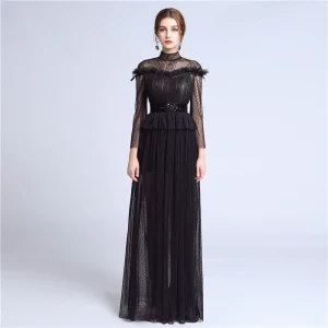 Élégant Noire Dentelle Robe De Soirée 2018 Princesse Col Haut Manches Longues Perlage Ceinture Longue Plissée Robe De Ceremonie