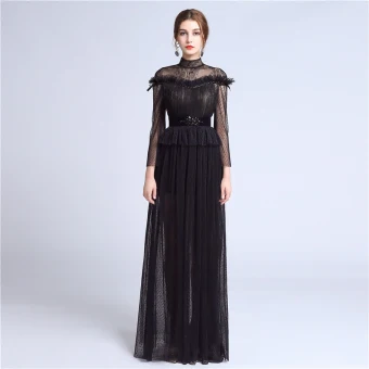 Elegant Black Lace Evening Dresses 2018 A Line Princess High Neck Long Sleeve Beading Sash Floor Length Long Pleated Formal Dresses