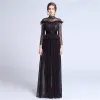 Eleganckie Czarne Koronkowe Sukienki Wieczorowe 2018 Princessa Wysokiej Szyi Długie Rękawy Frezowanie Szarfa Długie Plisowane Sukienki Wizytowe