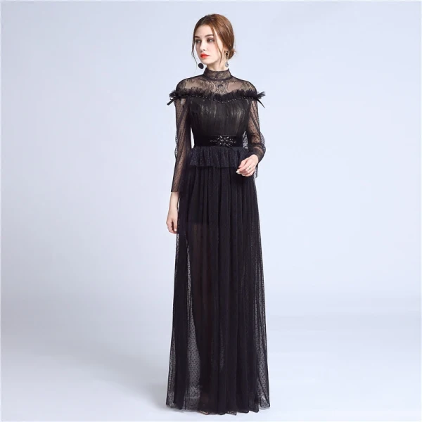 Elegant Black Lace Evening Dresses  2018 A-Line / Princess High Neck Long Sleeve Beading Sash Floor-Length / Long Pleated Formal Dresses