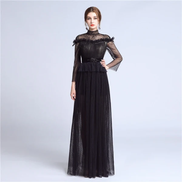 Elegant Black Lace Evening Dresses  2018 A-Line / Princess High Neck Long Sleeve Beading Sash Floor-Length / Long Pleated Formal Dresses