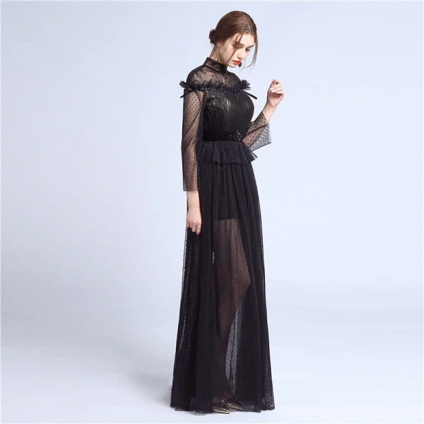 Elegant Black Lace Evening Dresses  2018 A-Line / Princess High Neck Long Sleeve Beading Sash Floor-Length / Long Pleated Formal Dresses