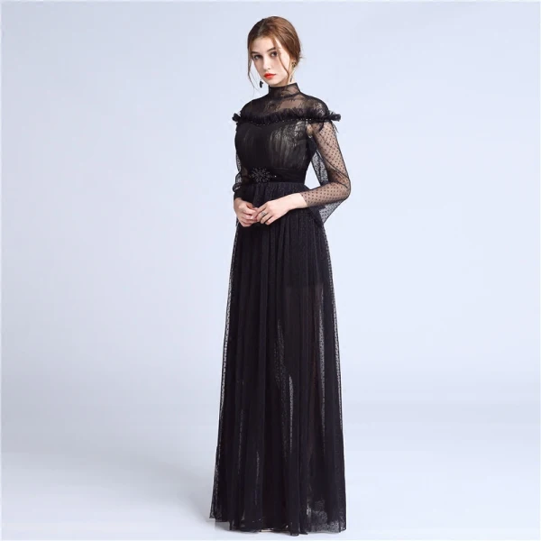Elegant Black Lace Evening Dresses  2018 A-Line / Princess High Neck Long Sleeve Beading Sash Floor-Length / Long Pleated Formal Dresses