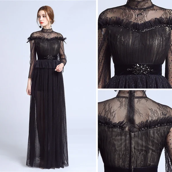 Elegant Black Lace Evening Dresses  2018 A-Line / Princess High Neck Long Sleeve Beading Sash Floor-Length / Long Pleated Formal Dresses