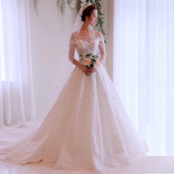 Glamorous Ivory See Through Wedding Dresses 2019 A Line Princess Scoop Neck 3 4 Sleeve Backless Appliques Lace Chapel Train Ruffle