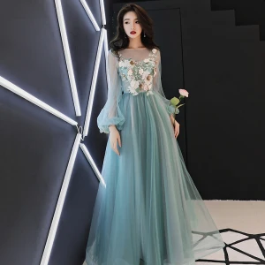 Blomsterfe Jadegrønn Gjennomsiktig Selskapskjoler 2018 Prinsesse Scoop Halsen Puffy Langermede Appliques Blomst Perle Rhinestone Lange Buste