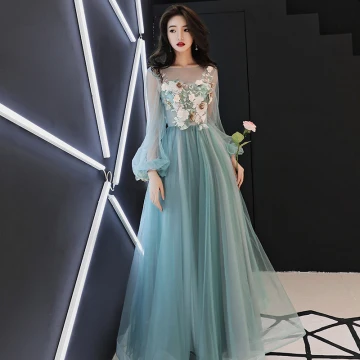 Fée Des Fleurs Vert Jade Transparentes Robe De Soirée 2018 Princesse Encolure Dégagée Gonflée Manches Longues Appliques Fleur Perle Faux Diamant Longue Volants