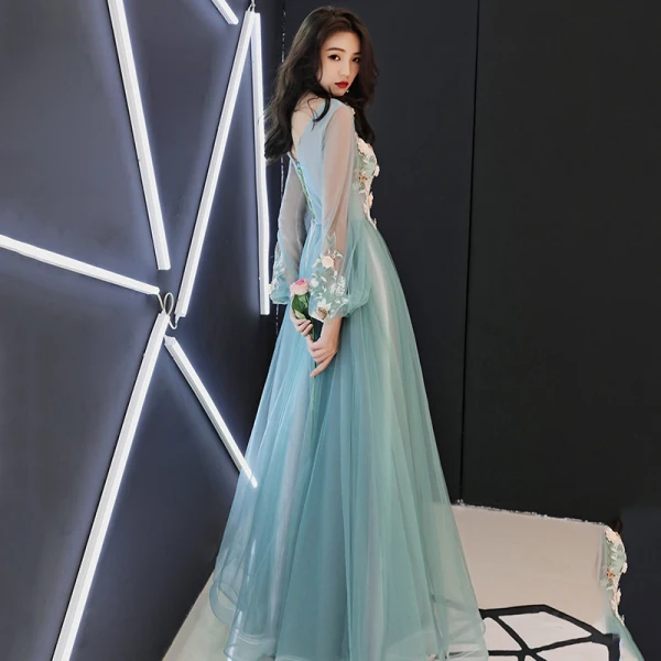 Flower Fairy Jade Green See-through Evening Dresses  2018 A-Line / Princess Scoop Neck Puffy Long Sleeve Appliques Flower Pearl Rhinestone Floor-Length / Long Ruffle