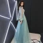 Flower Fairy Jade Green See-through Evening Dresses  2018 A-Line / Princess Scoop Neck Puffy Long Sleeve Appliques Flower Pearl Rhinestone Floor-Length / Long Ruffle