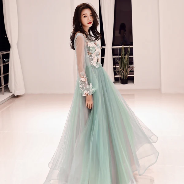 Flower Fairy Jade Green See-through Evening Dresses  2018 A-Line / Princess Scoop Neck Puffy Long Sleeve Appliques Flower Pearl Rhinestone Floor-Length / Long Ruffle