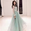 Flower Fairy Jade Green See-through Evening Dresses  2018 A-Line / Princess Scoop Neck Puffy Long Sleeve Appliques Flower Pearl Rhinestone Floor-Length / Long Ruffle