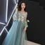 Flower Fairy Jade Green See-through Evening Dresses  2018 A-Line / Princess Scoop Neck Puffy Long Sleeve Appliques Flower Pearl Rhinestone Floor-Length / Long Ruffle