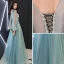 Flower Fairy Jade Green See-through Evening Dresses  2018 A-Line / Princess Scoop Neck Puffy Long Sleeve Appliques Flower Pearl Rhinestone Floor-Length / Long Ruffle