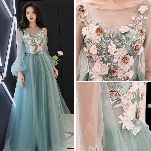 Flower Fairy Jade Green See-through Evening Dresses  2018 A-Line / Princess Scoop Neck Puffy Long Sleeve Appliques Flower Pearl Rhinestone Floor-Length / Long Ruffle