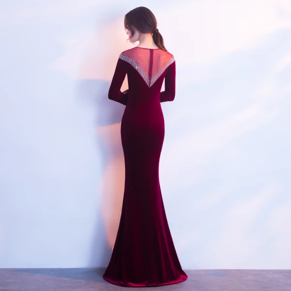 Modern / Fashion Burgundy Suede Evening Dresses 2017 Trumpet / Mermaid Scoop Neck Long Sleeve Beading Rhinestone Floor-Length / Long Pierced Formal Dresses