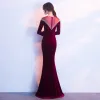 Modern / Fashion Burgundy Suede Evening Dresses  2017 Trumpet / Mermaid Scoop Neck Long Sleeve Beading Rhinestone Floor-Length / Long Pierced Formal Dresses