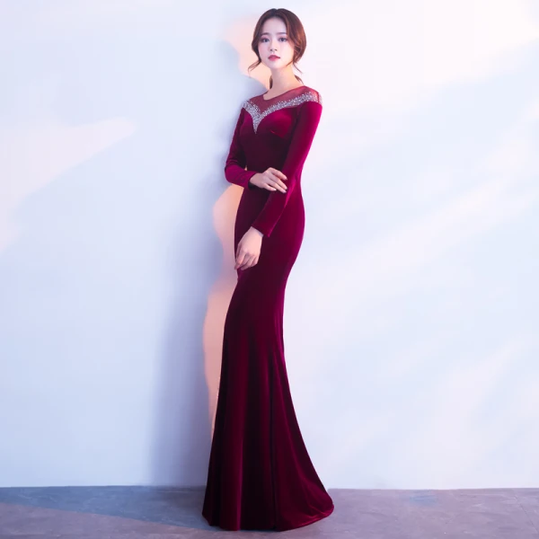 Modern / Fashion Burgundy Suede Evening Dresses 2017 Trumpet / Mermaid Scoop Neck Long Sleeve Beading Rhinestone Floor-Length / Long Pierced Formal Dresses