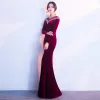Modern / Fashion Burgundy Suede Evening Dresses  2017 Trumpet / Mermaid Scoop Neck Long Sleeve Beading Rhinestone Floor-Length / Long Pierced Formal Dresses