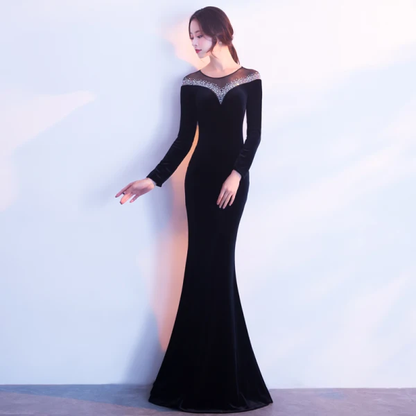 Modern / Fashion Burgundy Suede Evening Dresses 2017 Trumpet / Mermaid Scoop Neck Long Sleeve Beading Rhinestone Floor-Length / Long Pierced Formal Dresses