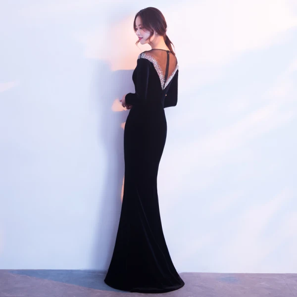 Modern / Fashion Burgundy Suede Evening Dresses 2017 Trumpet / Mermaid Scoop Neck Long Sleeve Beading Rhinestone Floor-Length / Long Pierced Formal Dresses