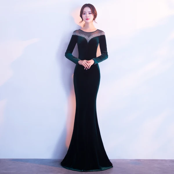 Modern / Fashion Burgundy Suede Evening Dresses 2017 Trumpet / Mermaid Scoop Neck Long Sleeve Beading Rhinestone Floor-Length / Long Pierced Formal Dresses