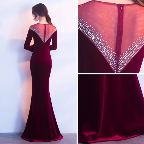 Modern / Fashion Burgundy Suede Evening Dresses 2017 Trumpet / Mermaid Scoop Neck Long Sleeve Beading Rhinestone Floor-Length / Long Pierced Formal Dresses