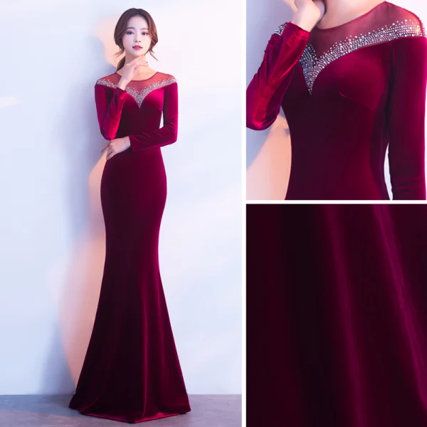 Modern / Fashion Burgundy Suede Evening Dresses 2017 Trumpet / Mermaid Scoop Neck Long Sleeve Beading Rhinestone Floor-Length / Long Pierced Formal Dresses