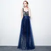 Sparkly Starry Sky Silver Royal Blue Sequins Evening Dresses  2017 A-Line / Princess Spaghetti Straps Sleeveless Floor-Length / Long Backless Formal Dresses