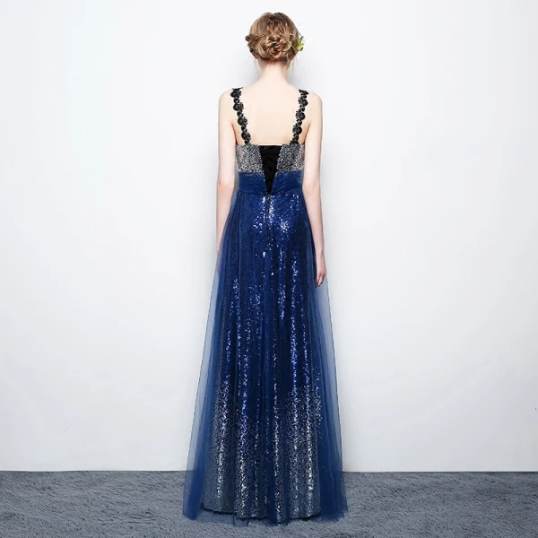 Scintillantes Ciel étoilé Argenté Bleu Roi Paillettes Robe De Soirée 2017 Princesse Bretelles Spaghetti Sans Manches Longue Dos Nu Robe De Ceremonie