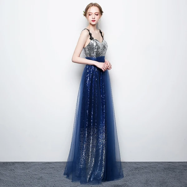 Scintillantes Ciel étoilé Argenté Bleu Roi Paillettes Robe De Soirée 2017 Princesse Bretelles Spaghetti Sans Manches Longue Dos Nu Robe De Ceremonie