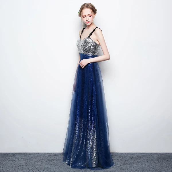 Scintillantes Ciel étoilé Argenté Bleu Roi Paillettes Robe De Soirée 2017 Princesse Bretelles Spaghetti Sans Manches Longue Dos Nu Robe De Ceremonie