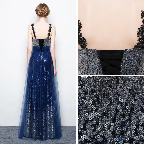 Scintillantes Ciel étoilé Argenté Bleu Roi Paillettes Robe De Soirée 2017 Princesse Bretelles Spaghetti Sans Manches Longue Dos Nu Robe De Ceremonie