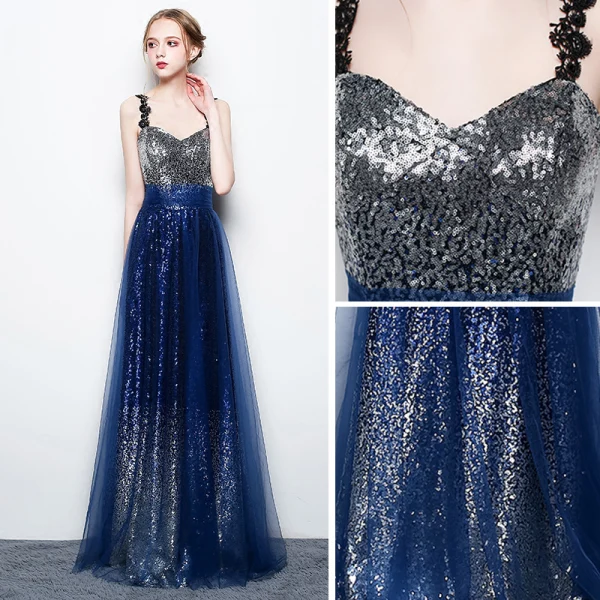 Scintillantes Ciel étoilé Argenté Bleu Roi Paillettes Robe De Soirée 2017 Princesse Bretelles Spaghetti Sans Manches Longue Dos Nu Robe De Ceremonie