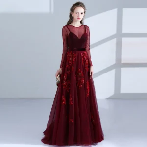 Élégant Bordeaux Robe De Soirée 2018 Princesse Encolure Dégagée Manches Longues Appliques En Dentelle Perlage Ceinture Longue Percé Robe De Ceremonie