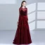 Elegant Burgundy Evening Dresses  2018 A-Line / Princess Scoop Neck Long Sleeve Appliques Lace Beading Sash Floor-Length / Long Pierced Formal Dresses