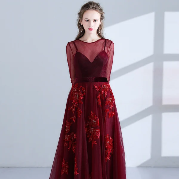 Elegant Burgundy Evening Dresses 2018 A-Line / Princess Scoop Neck Long Sleeve Appliques Lace Beading Sash Floor-Length / Long Pierced Formal Dresses