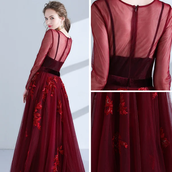 Elegant Burgundy Evening Dresses 2018 A-Line / Princess Scoop Neck Long Sleeve Appliques Lace Beading Sash Floor-Length / Long Pierced Formal Dresses