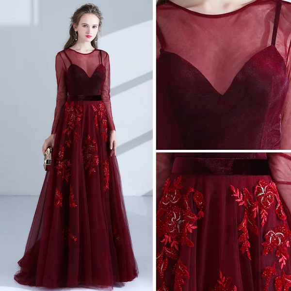 Elegant Burgundy Evening Dresses 2018 A-Line / Princess Scoop Neck Long Sleeve Appliques Lace Beading Sash Floor-Length / Long Pierced Formal Dresses