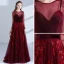 Elegant Burgundy Evening Dresses  2018 A-Line / Princess Scoop Neck Long Sleeve Appliques Lace Beading Sash Floor-Length / Long Pierced Formal Dresses
