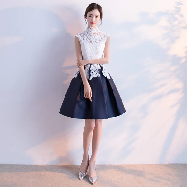 Affordable Chinese style Graduation Dresses 2017 Lace Appliques High Neck Sleeveless White Navy Blue Short Ball Gown Affordable Chinese style Graduation Dresses 2017 Lace Appliques High Neck Sleeveless White Navy Blue Short Ball Gown
