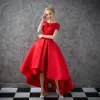 High Low Red See-through Prom Dresses 2018 Ball Gown Square Neckline Short Sleeve Appliques Lace Rhinestone Asymmetrical Ruffle Formal Dresses