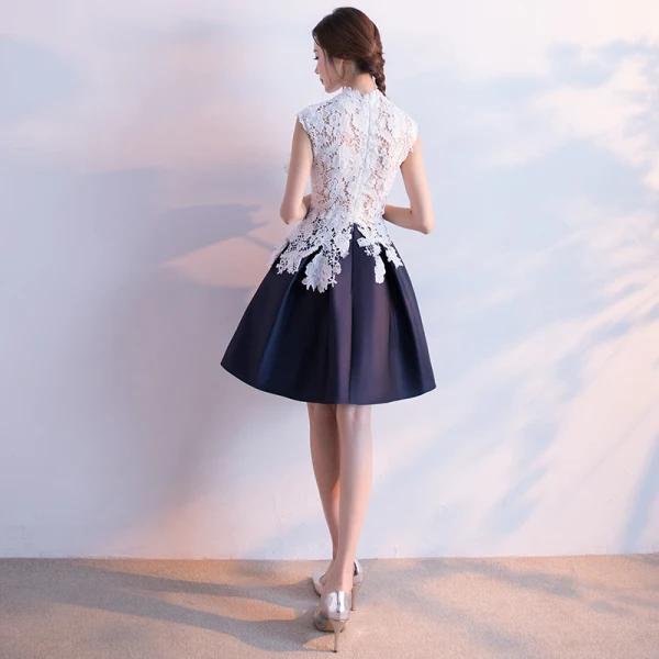 Affordable Chinese style Graduation Dresses 2017 Lace Appliques High Neck Sleeveless White Navy Blue Short Ball Gown