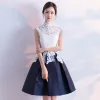 Affordable Chinese style Graduation Dresses 2017 Lace Appliques High Neck Sleeveless White Navy Blue Short Ball Gown