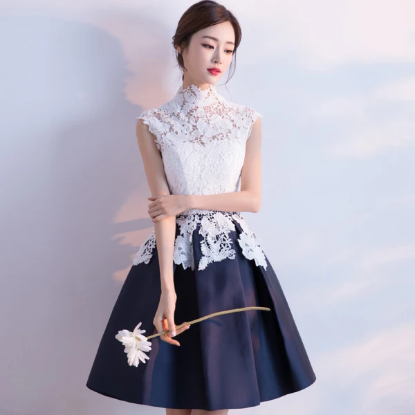 Affordable Chinese style Graduation Dresses 2017 Lace Appliques High Neck Sleeveless White Navy Blue Short Ball Gown