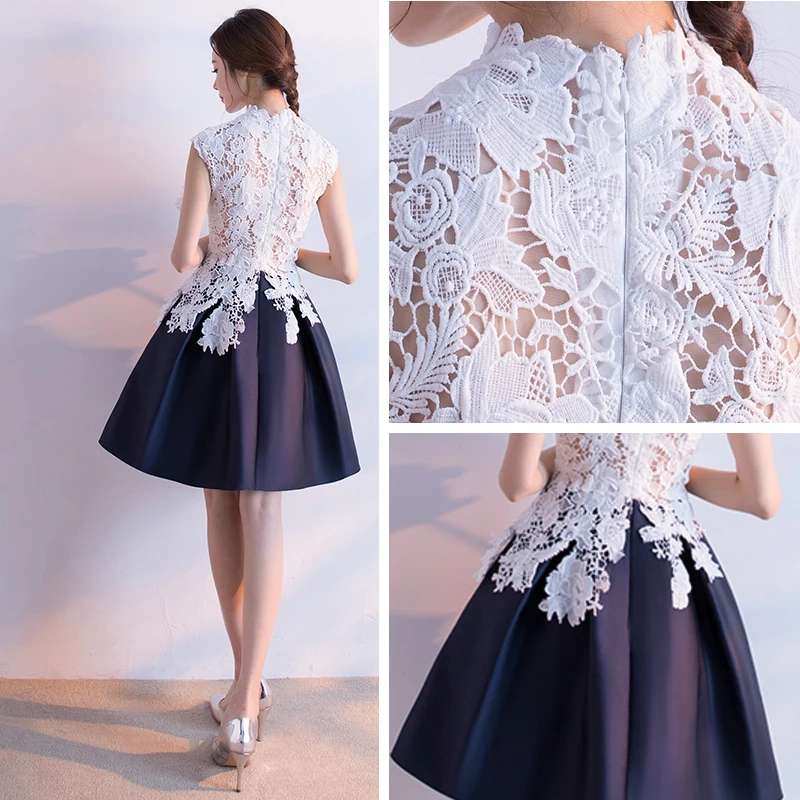 Affordable Chinese Style Graduation Dresses 2017 Lace Appliques High Neck  Sleeveless White Navy Blue Short Ball