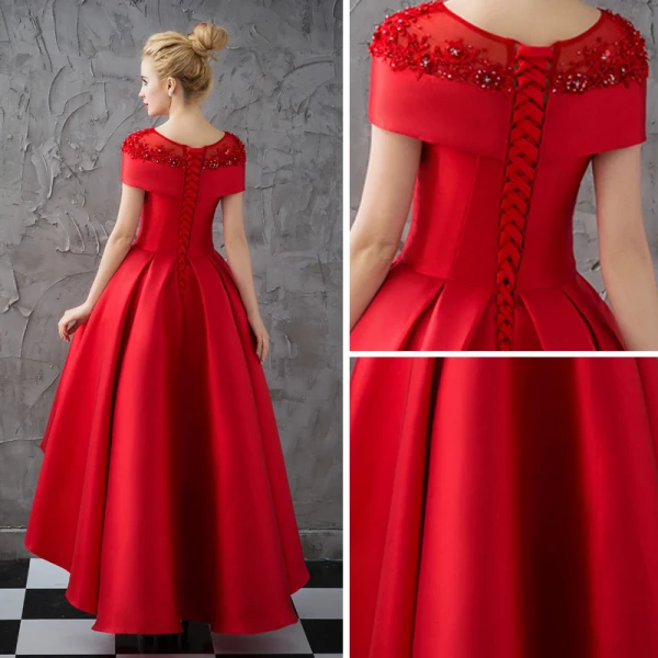 Haute Basse Rouge Transparentes Robe De Bal 2018 Robe Boule Encolure Carrée Manches Courtes Appliques En Dentelle Faux Diamant Asymétrique Volants Robe De Ceremonie