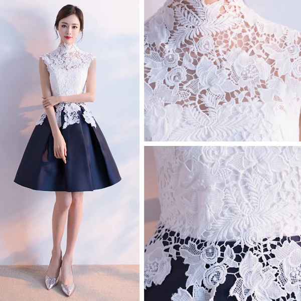Affordable Chinese style Graduation Dresses 2017 Lace Appliques High Neck Sleeveless White Navy Blue Short Ball Gown