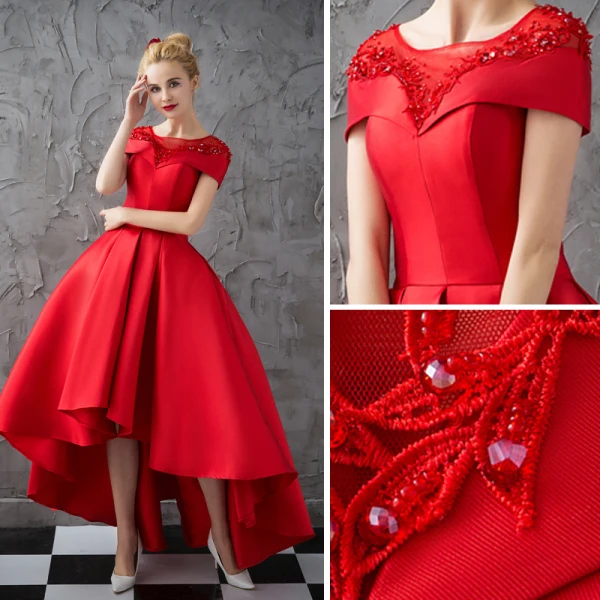 Haute Basse Rouge Transparentes Robe De Bal 2018 Robe Boule Encolure Carrée Manches Courtes Appliques En Dentelle Faux Diamant Asymétrique Volants Robe De Ceremonie