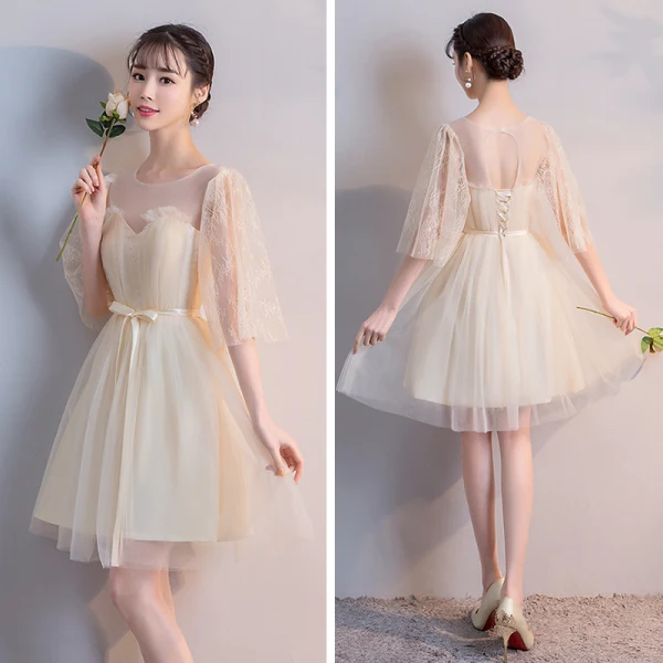Abordable Champagne Transparentes Robe Demoiselle D'honneur 2018 Princesse Appliques En Dentelle Ceinture Courte Volants Dos Nu Robe Pour Mariage